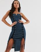 Saint Genies Lace Up Denim Midi Dress With Thigh Split In Denim-blue