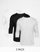 Asos 3/4 Sleeve T-shirt With Crew Neck 3 Pack Save 21% - Multi
