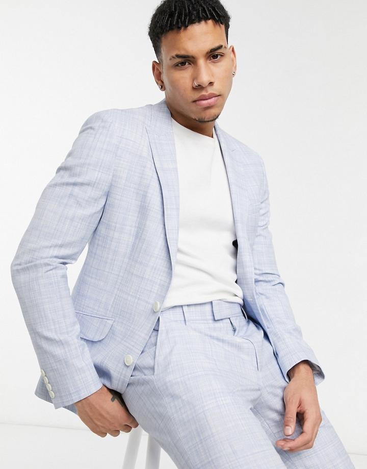 Asos Design Wedding Skinny Suit Jacket In Pastel Blue Crosshatch-blues