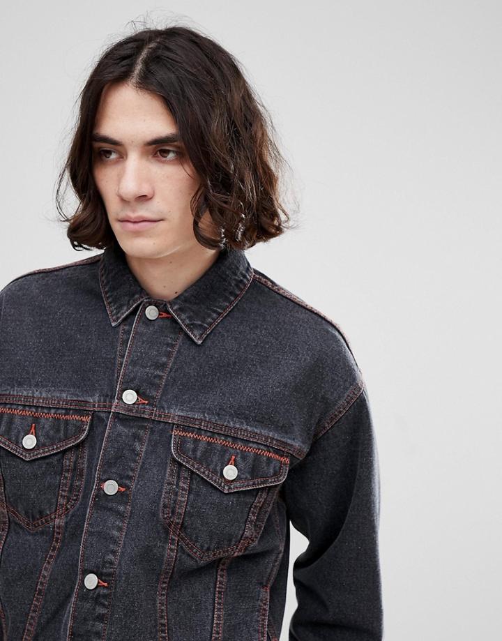 Asos Oversized Denim Jacket With Orange Stitching In Black - Black
