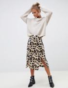 Influence Satin Leopard Print Midi Skirt With Slits - Brown