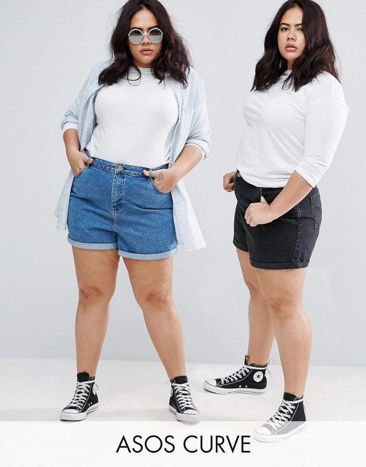 Asos Curve Denim Mom Shorts In Washed Black And Mid Blue 2 Pack - Multi