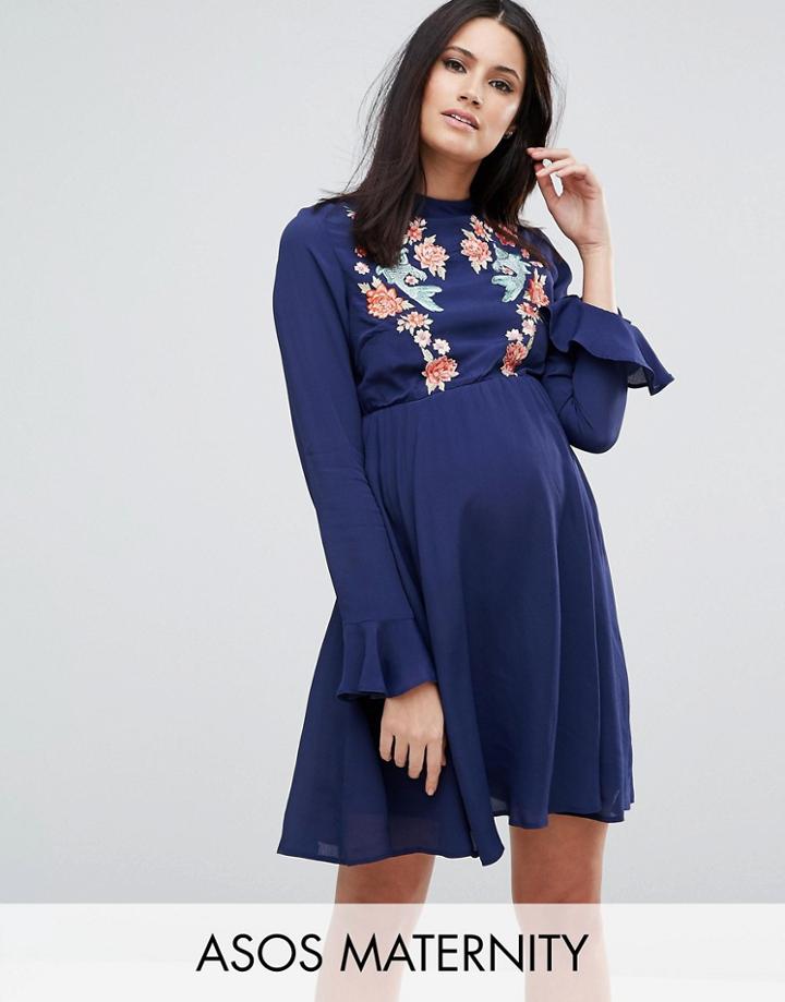 Asos Maternity Embroidered Trumpet Sleeve Mini Dress - Navy
