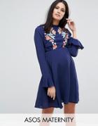 Asos Maternity Embroidered Trumpet Sleeve Mini Dress - Navy