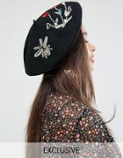 My Accessories Beret With Embroidered Patches - Black