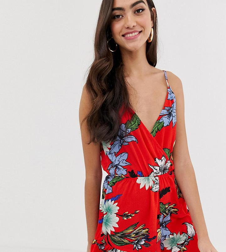 Parisian Tall Cami Strap Romper In Floral Print - Red