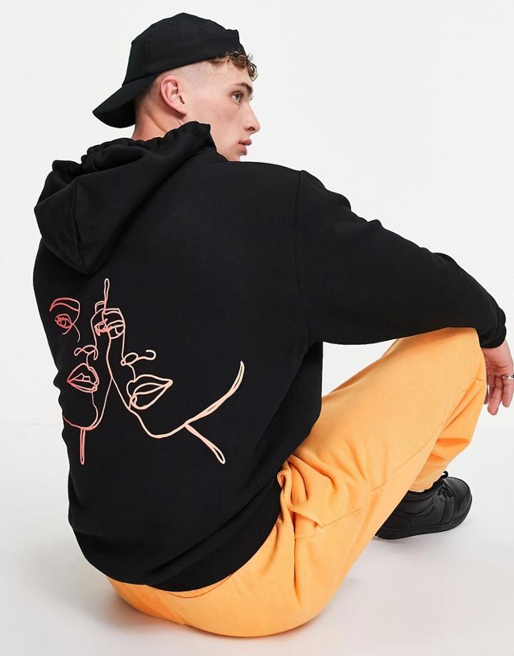 Asos Design Oversized Hoodie In Black With Line Drawing Faces Back Print