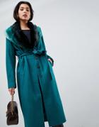 Vila Wool Faux Fur Collar Wrap Coat - Green