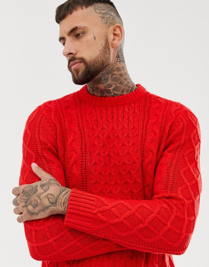 Bershka Cable Knit Sweater In Red - Red