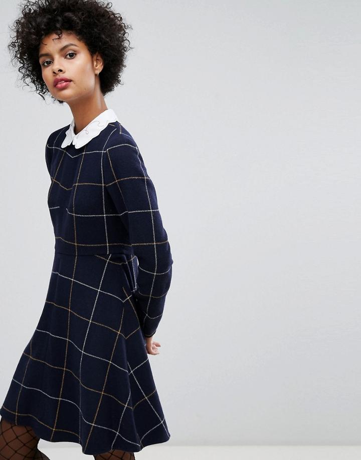 Sonia By Sonia Rykiel Big Checked Wool Dress With Embroidered Collar - Navy