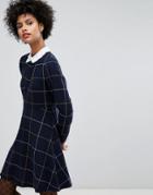 Sonia By Sonia Rykiel Big Checked Wool Dress With Embroidered Collar - Navy