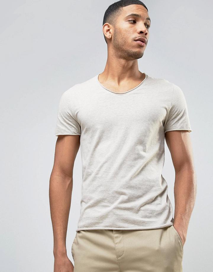 Selected Homme Scoop Neck T-shirt With Raw Hem - Beige