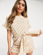 I Saw It First Tie Waist Frill Detail Dress In Brown Polkadot
