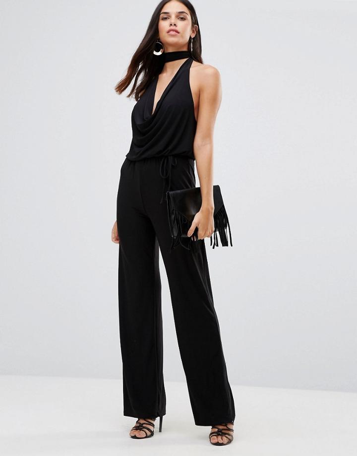 Club L Choker Neck Jumpsuit With Wide Leg - Black