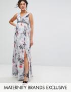 Little Mistress Maternity Plunge Front Maxi Dress In Floral - Multi