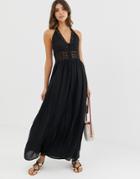 Asos Design Halter Maxi Dress With Lace Insert - Black