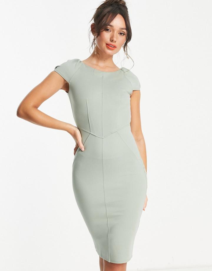 Closet London Puff Shoulder Pencil Dress With Bodice Detail In Pale Khaki-green