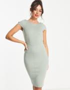 Closet London Puff Shoulder Pencil Dress With Bodice Detail In Pale Khaki-green
