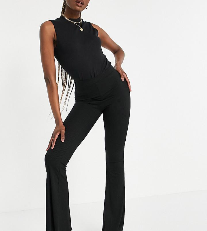 Asos Design Tall Rib Flare Pants With Lettuce Hem In Black