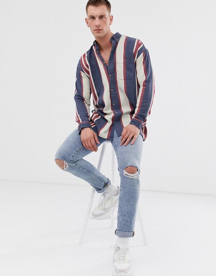 Asos Design Dropped Shoulder Oversized 90s Stripe Shirt In Blue - Blue