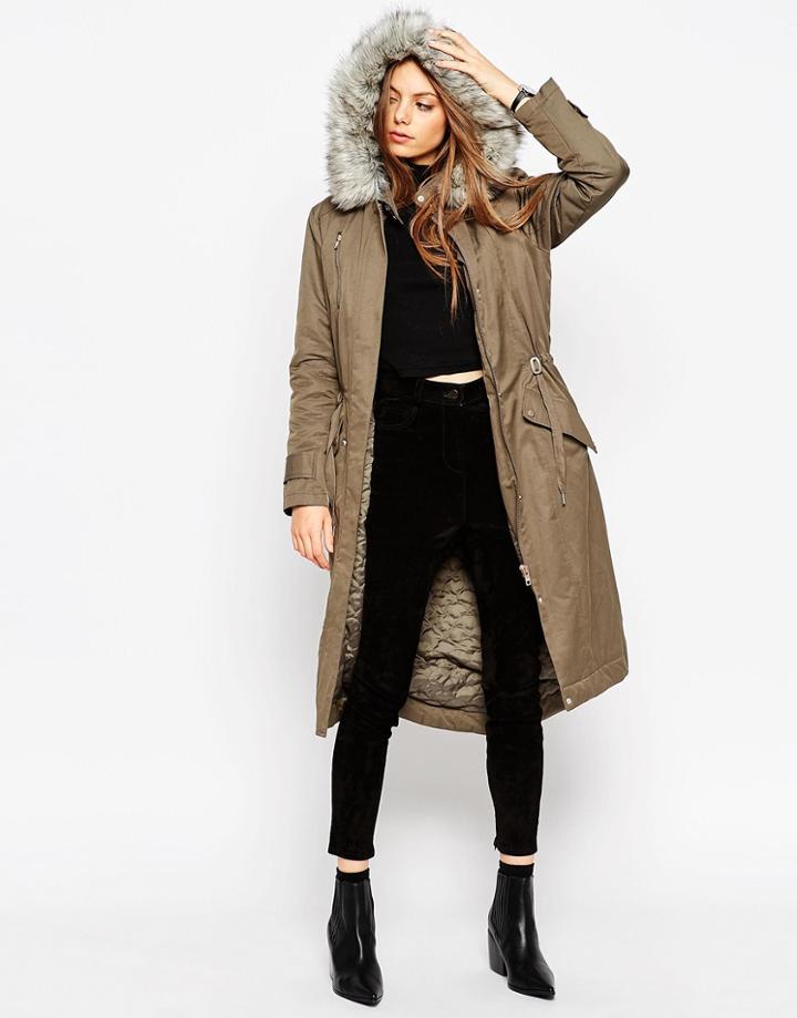 Asos Parka In Maxi Length - Khaki