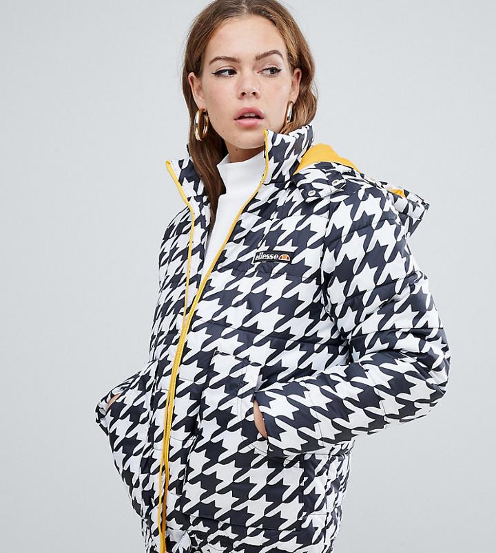 Ellesse Padded Jacket With Contrast Lining In Houndstooth - White