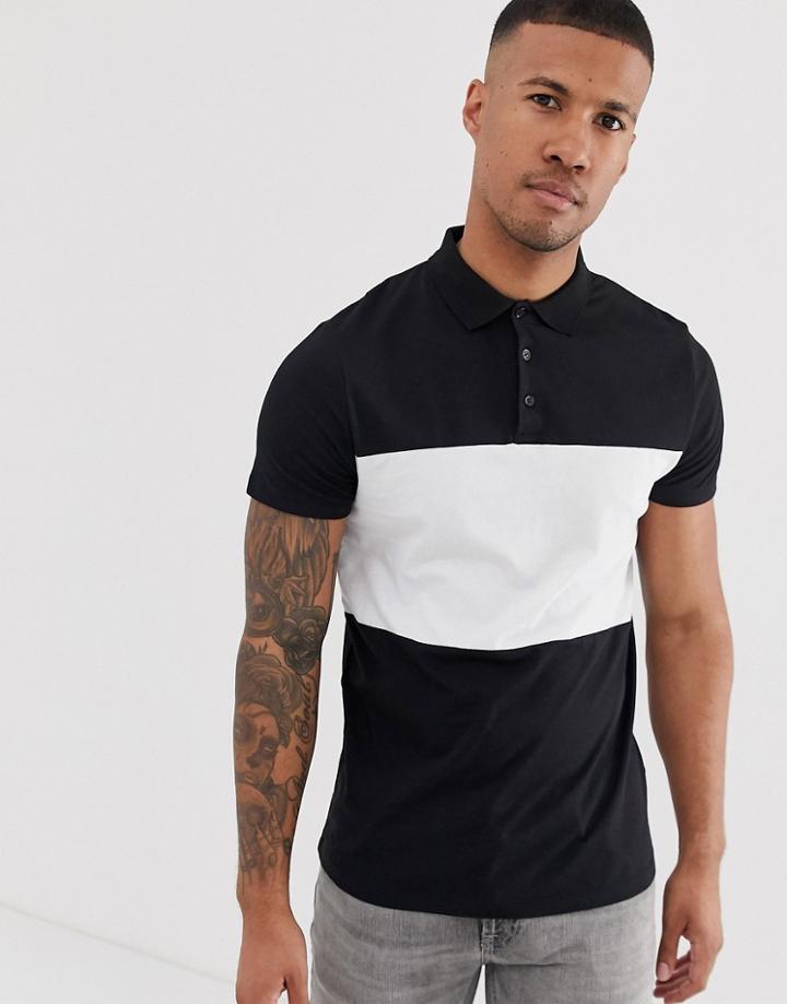 Asos Design Polo Shirt With Contrast Body Panel In Black