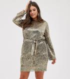 Club L London Plus Sequin Plisse Belted Mini Dress In Matt Gold - Gold