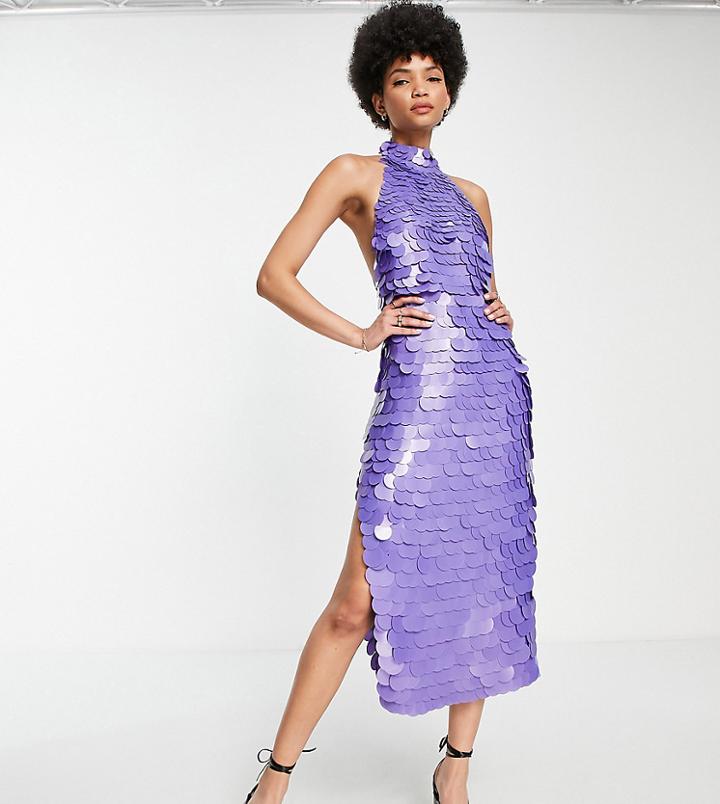 Asos Design Tall High Neck Disc Sequin Midi Dress In Purple