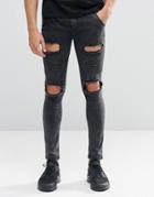 Siksilk Skinny Biker Jeans With Extreme Rips - Black