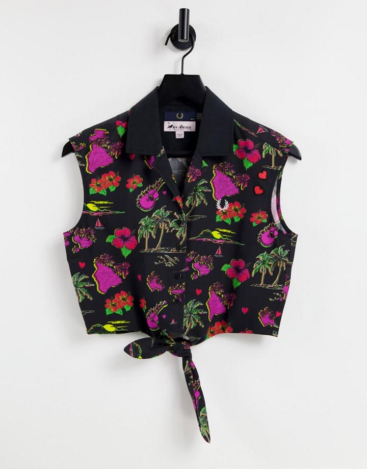 Fred Perry X Amy Winehouse Sleeveless Tie Front Shirt In Hawaiian Print-multi