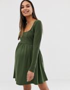 Asos Design Maternity Mixed Fabric Long Sleeve Skater Dress - Green