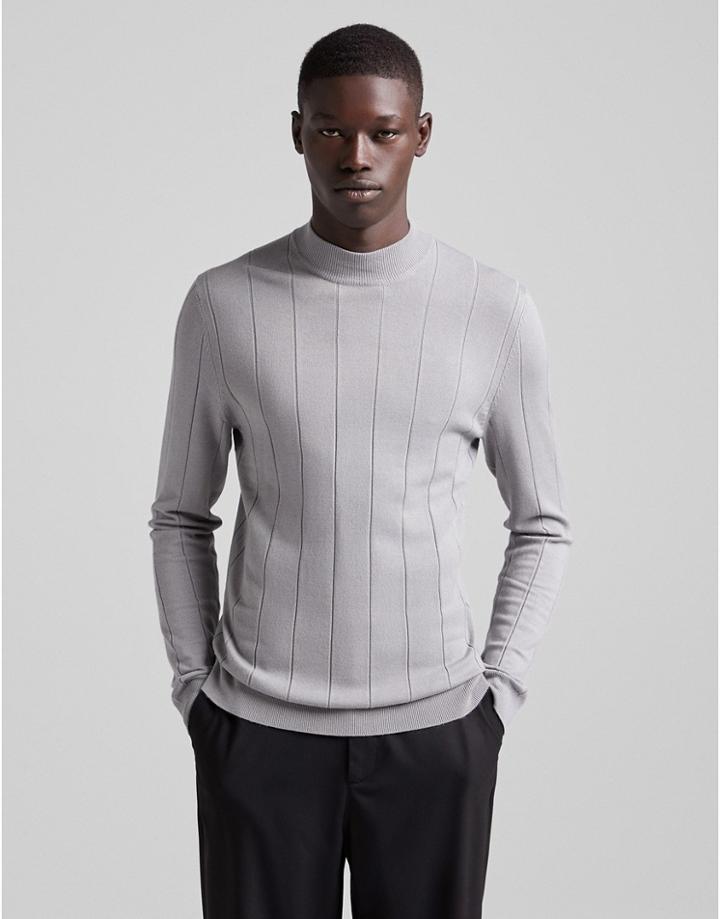 Bershka Ribbed Crew Neck Sweater In Gray-grey