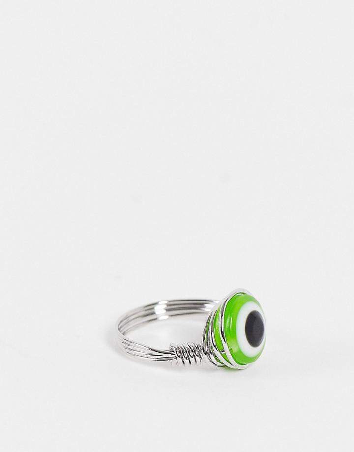 Asos Design Ring In Wire Design With Green Eye In Silver Tone