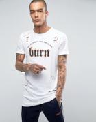 New Look Distressed Longline T-shirt With Burn Print In White - White