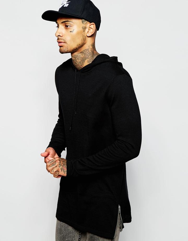 Asos Longline Knitted Hoodie With Zips - Black