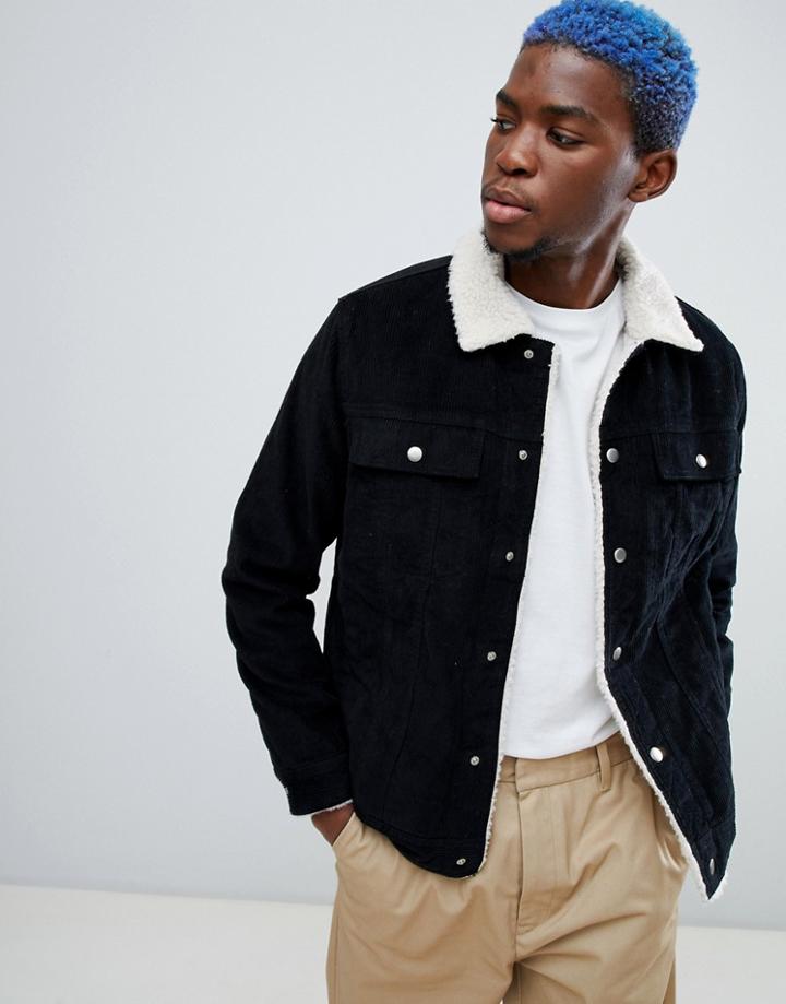 Bershka Trucker Jacket In Black With Fleece Collar - Black