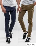 Asos Tall 2 Pack Skinny Chinos In Khaki & Navy Save - Multi