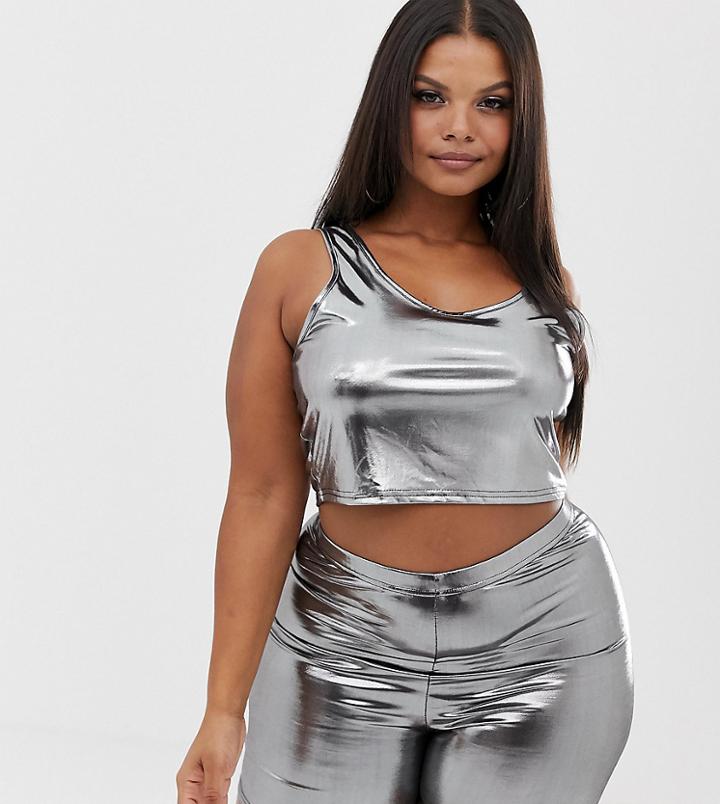 Fashionkilla Plus Longline Crop Top Two-piece In Liquid Silver - Silver