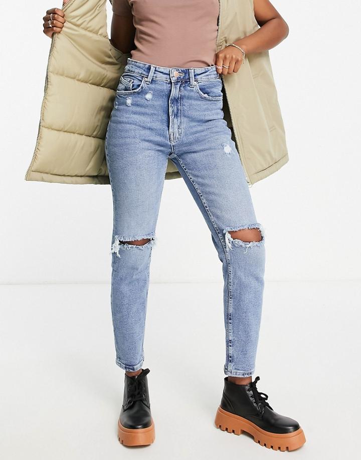 Stradivarius Slim Mom Jean With Stretch And Rip In Authentic Blue-blues