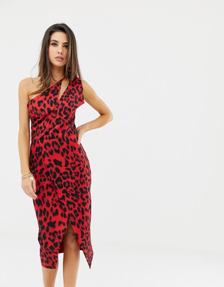 Lavish Alice One Shoulder Midi Wrap Dress In Leopard Print - Multi