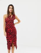 Lavish Alice One Shoulder Midi Wrap Dress In Leopard Print - Multi