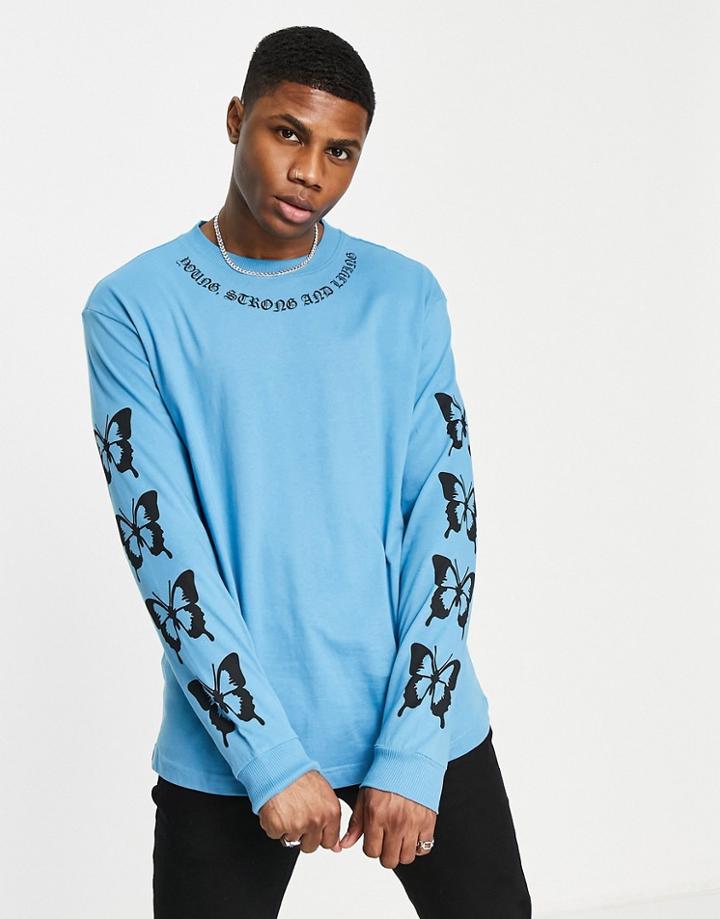 Bershka Long Sleeve Butterfly Printed T-shirt In Blue