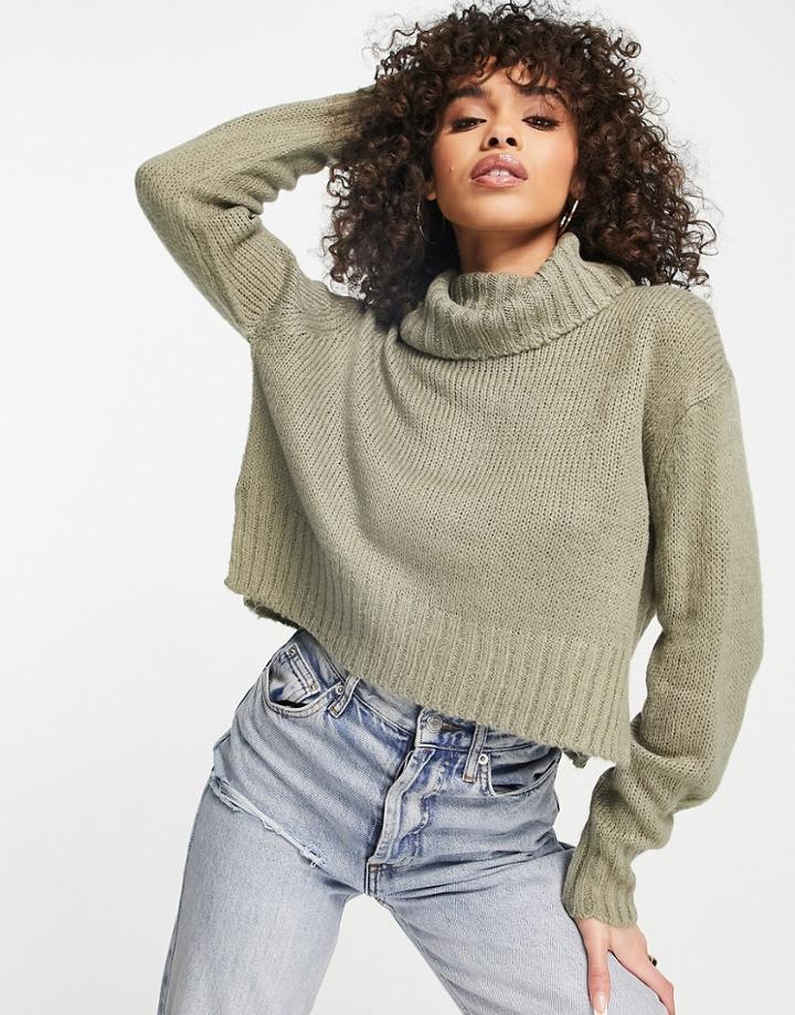 Brave Soul Cattio Boxy Cropped Roll Neck Sweater-green
