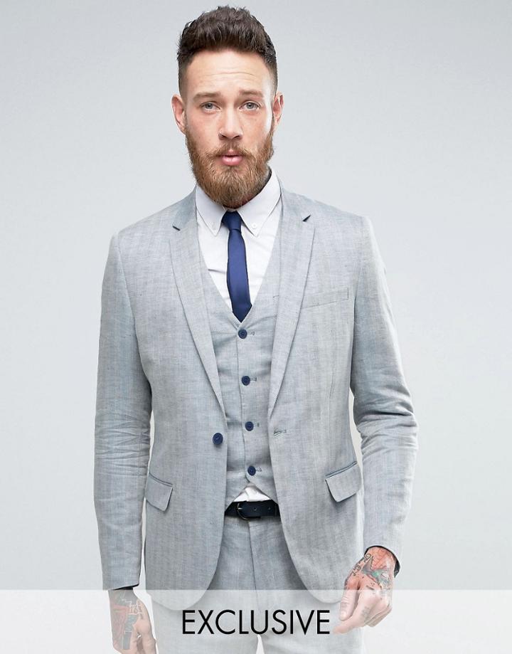 Only & Sons Skinny Suit Jacket In Herringbone - Blue