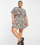 Lola May Plus Mini Skater Dress With Mixed Print In Black
