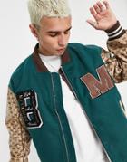 Mennace Varsity Bomber Jacket In Forest Green With Multiple Badges And Monogram Sleeves