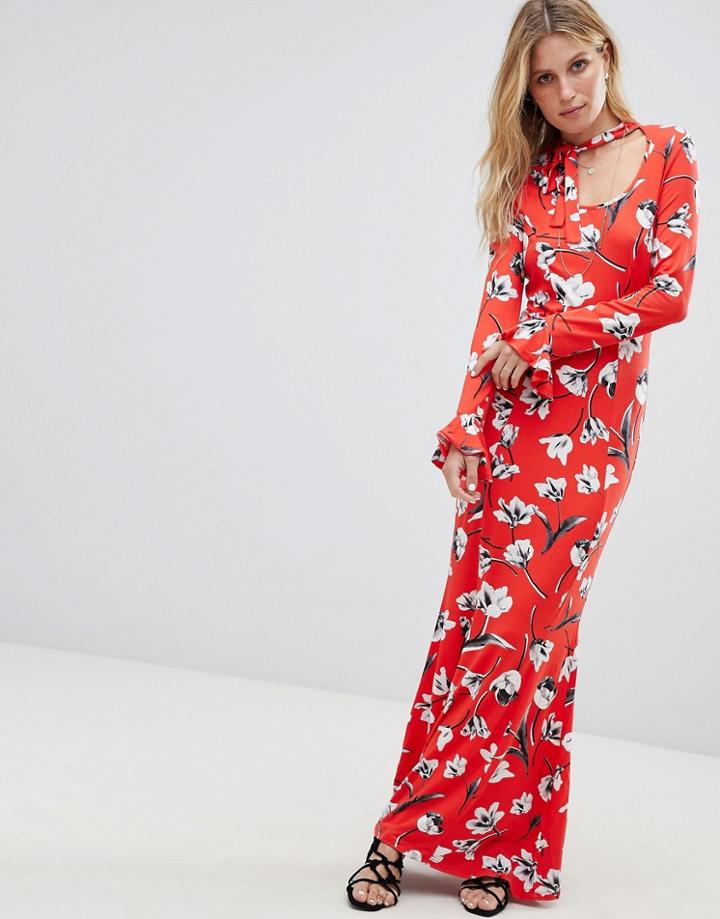 Asos Maxi Tea Dress With Neck Tie In Red Floral-multi