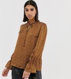 Missguided Blouse With Tie Detail In Brown Spot - Brown