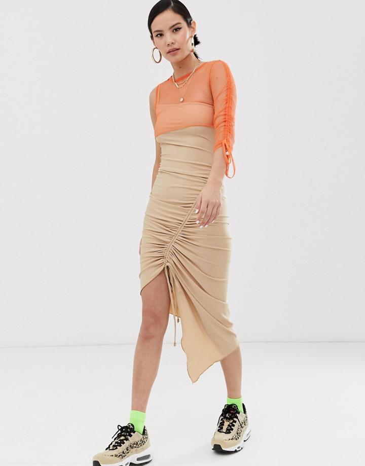 Zya Ruched Midi Dress With Asymmetric Mesh Layered Top - Beige